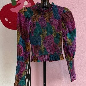 Farm Rio Pink Teal Long Sleeve Cotton Smocked Top Size XS